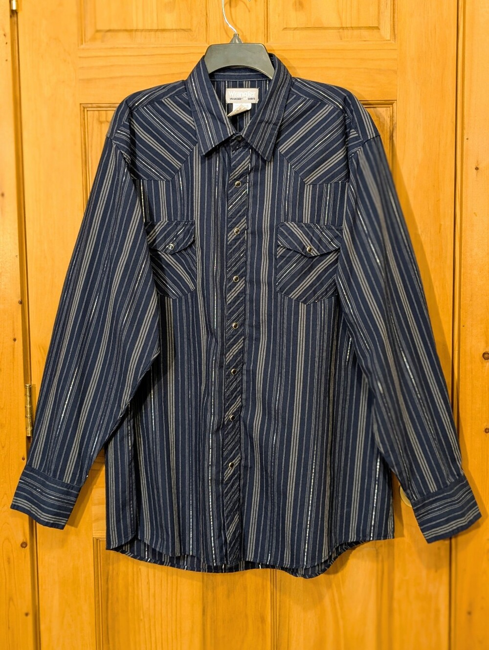 Wrangler Wrancher Pearl Snap LS Shirt Men 2XLT Navy Blue Stripe Western